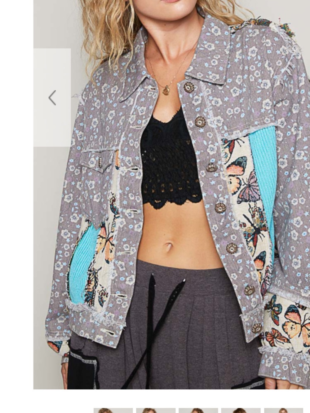 POL Patchwork Floral Jean Jacket with Aqua Ribbed Details